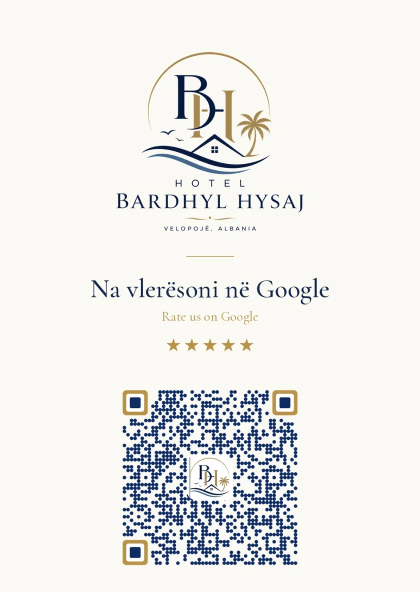 Karta e Hotel Bardhyl Hysaj për vlerësime në Google, sfond krem me stemën blu e ari