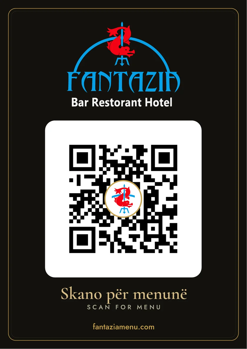 Karta e Fantazisë me QR për menunë, sfond i zi me kornizë ari dhe stemën blu e kuqe