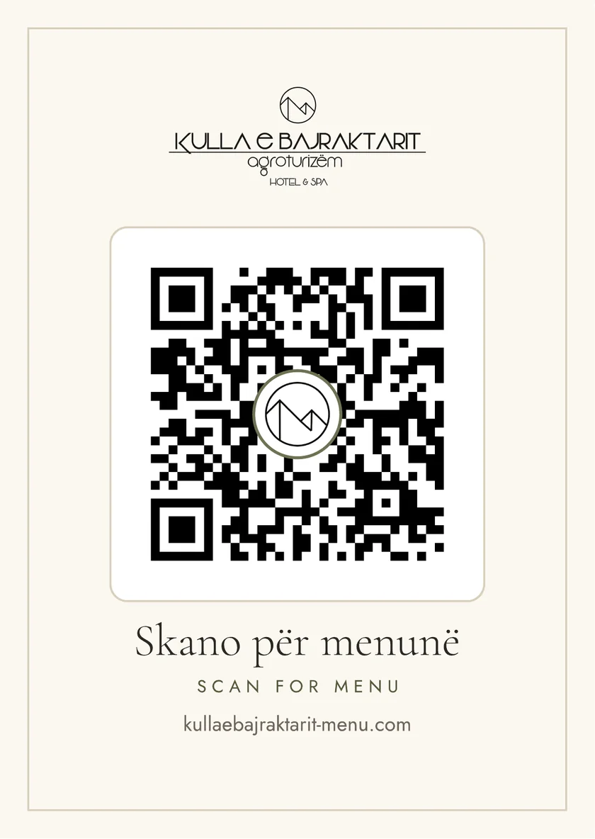 Karta e Kullës së Bajraktarit me QR për menunë, sfond krem me stemën rrethore
