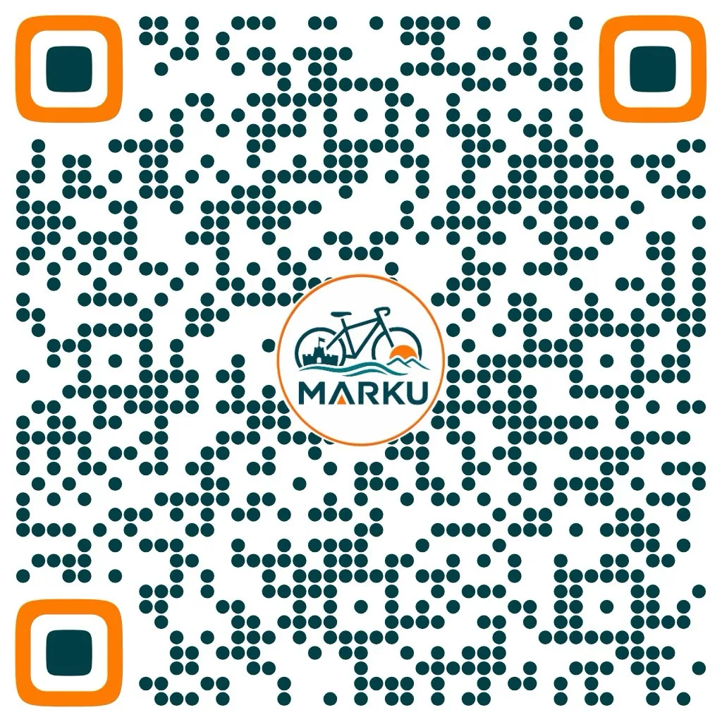 QR i personalizuar Marku Rent a Bike, blu-jeshile dhe portokalli, me logon e biçikletës