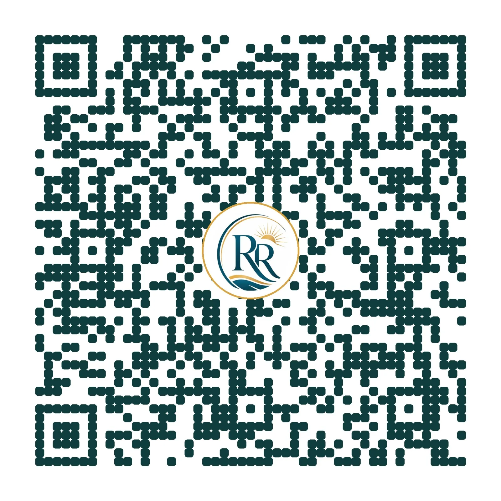 QR i personalizuar Rrjolli Resort, blu-jeshile dhe ari, me monogramin RR